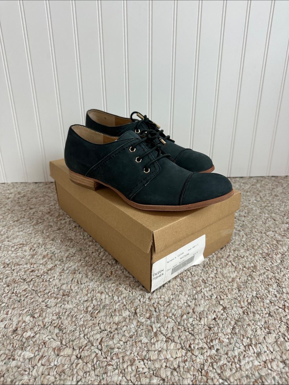 Eileen Fisher Black Watson Nubuck Leather Cap Toe Oxford Shoes New in Box